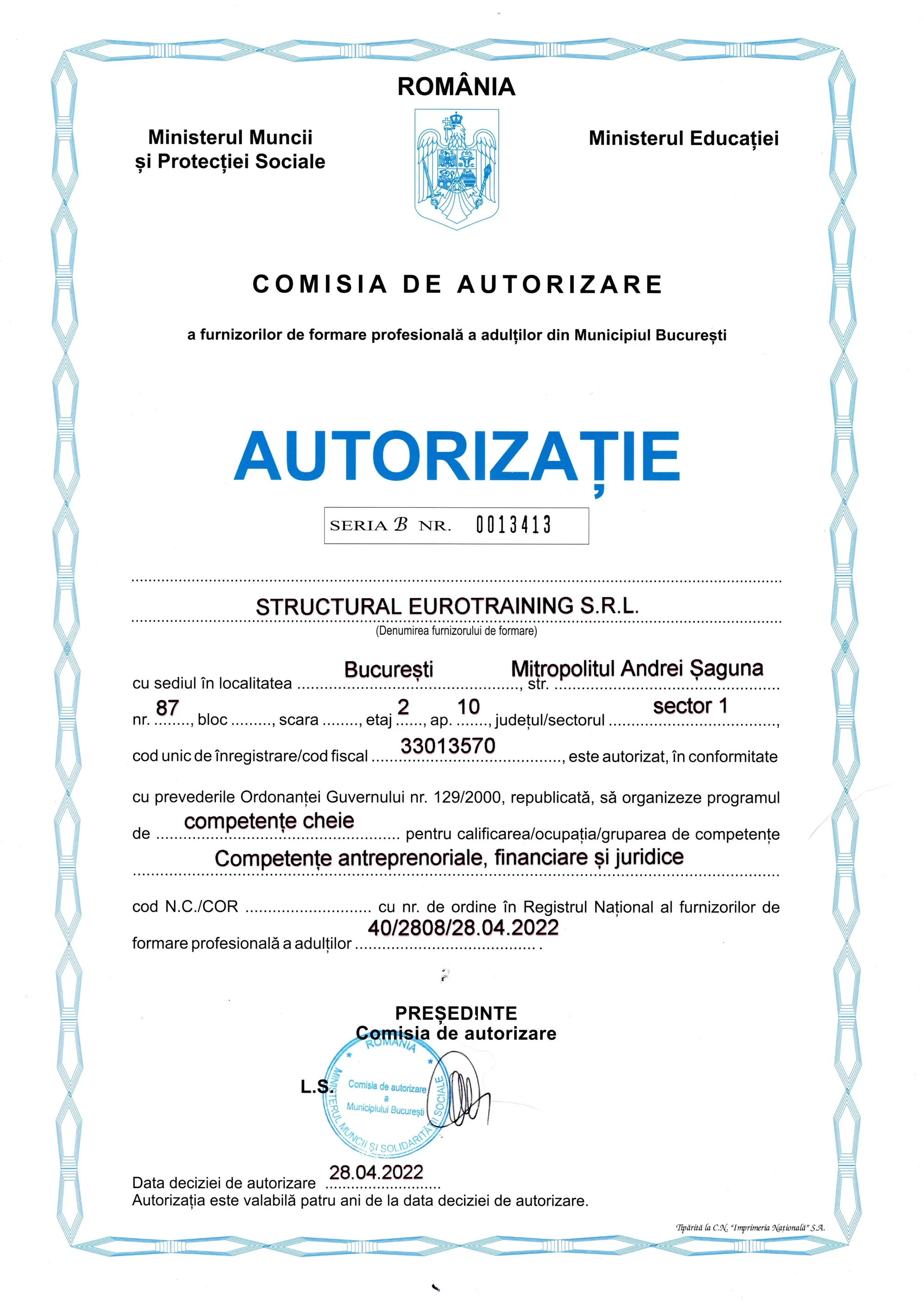 Autorizație CAFFPA — Competență antreprenorială