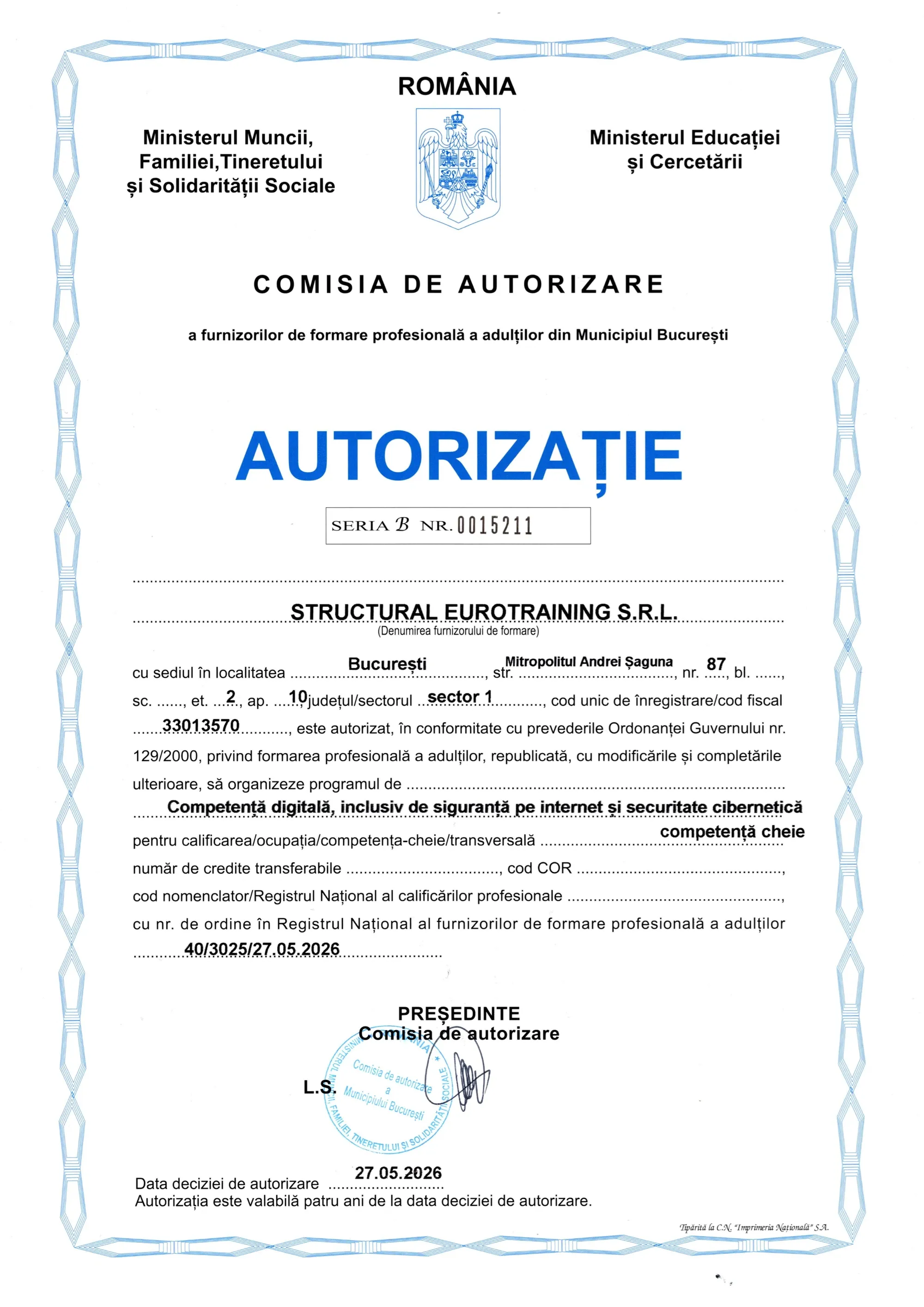 Autorizație CAFFPA — Competență digitală, inclusiv de siguranță pe internet și securitate cibernetică