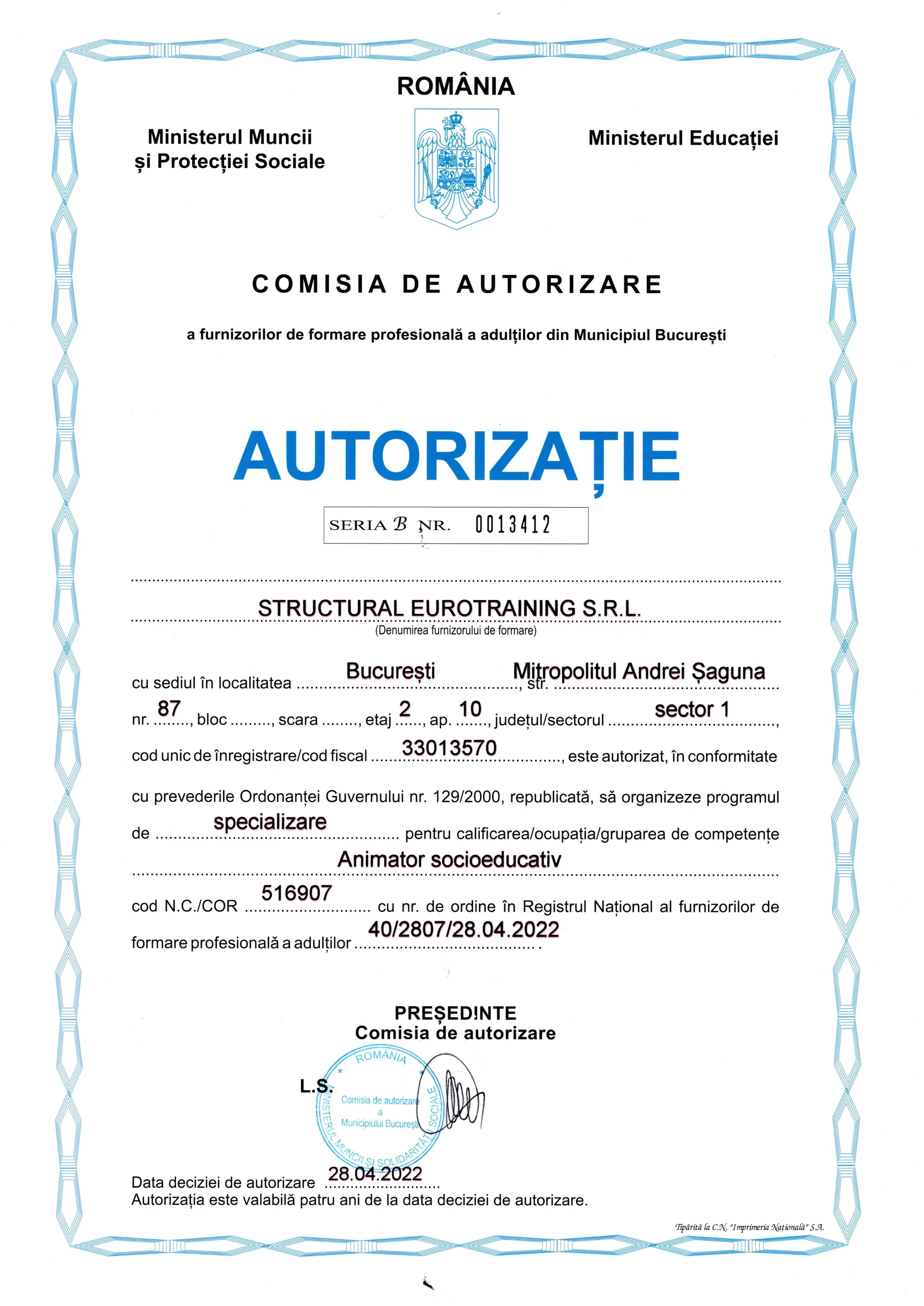 Autorizație CAFFPA — Curs Animator socio-educativ