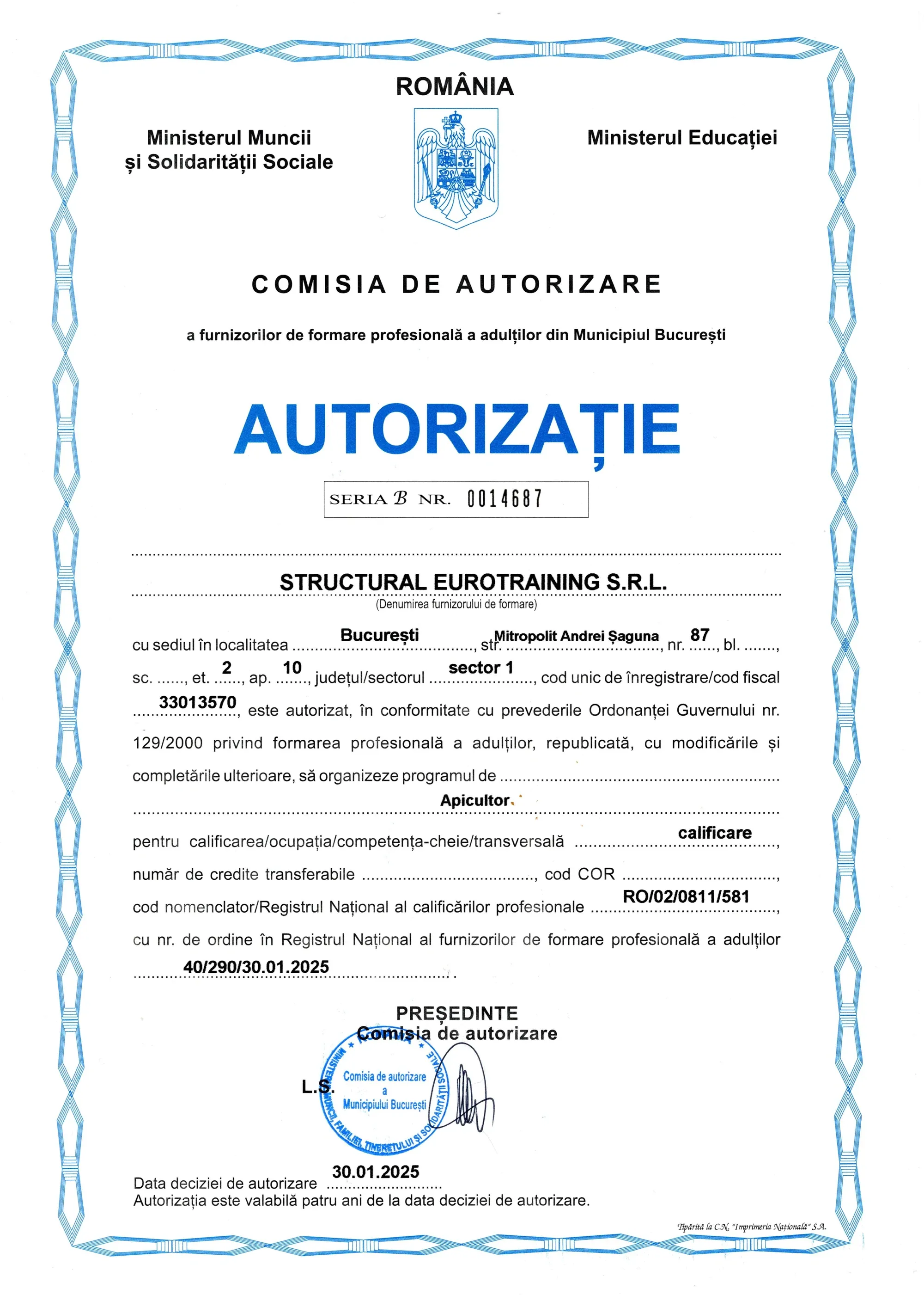 Autorizație CAFFPA — Curs Apicultor