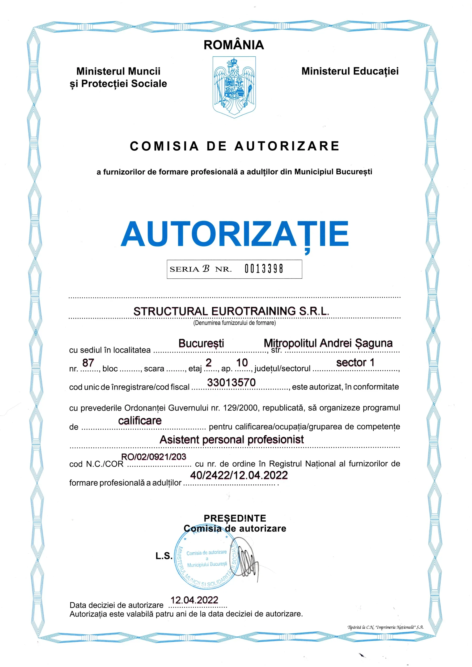 Autorizație CAFFPA — Curs Asistent personal profesionist