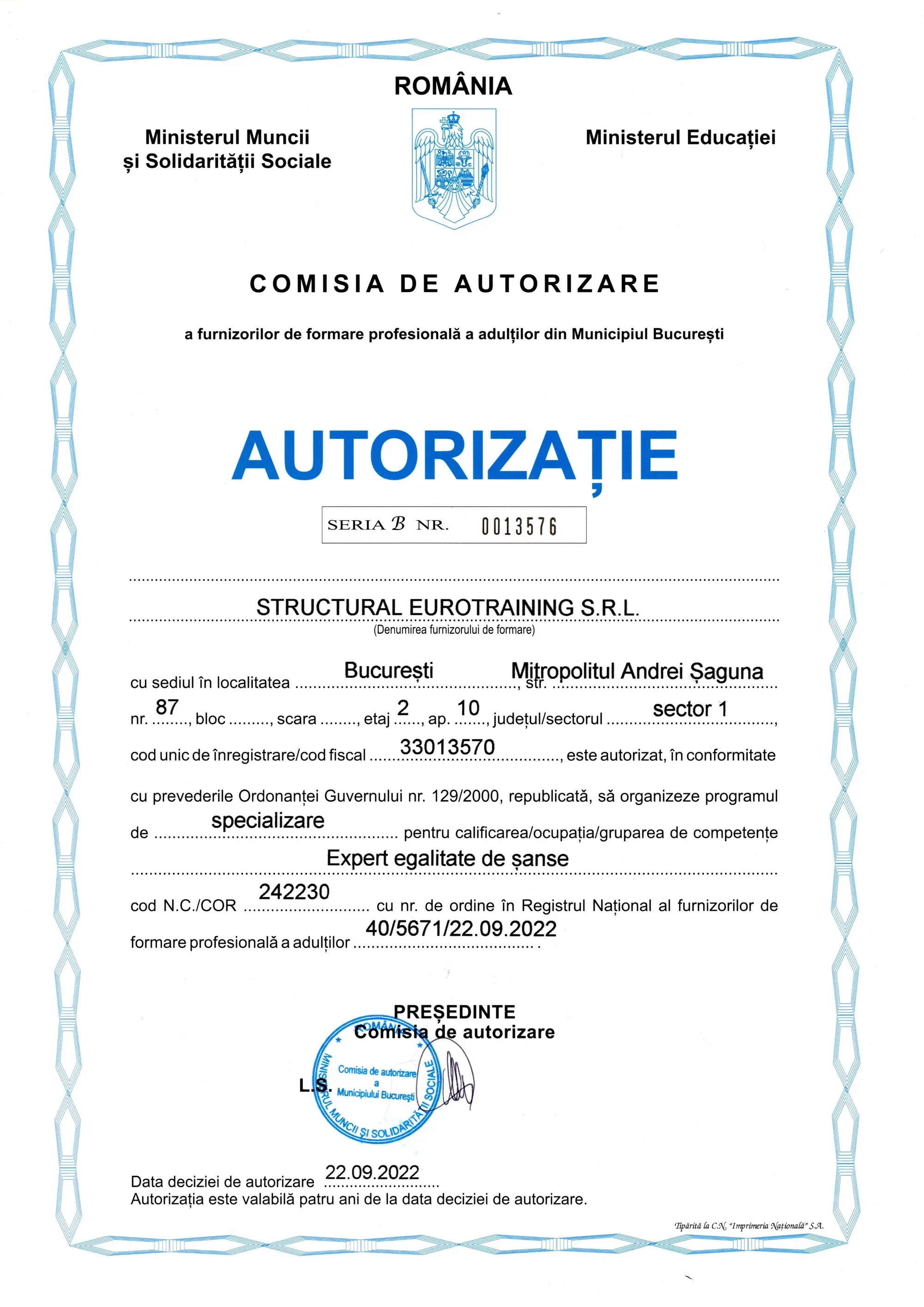 Autorizație CAFFPA — Curs Expert în egalitatea de șanse