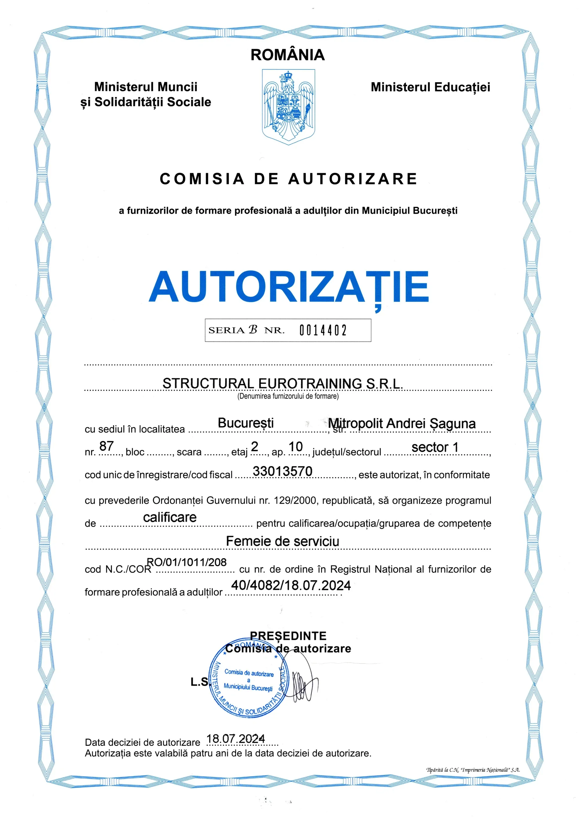 Autorizație CAFFPA — Curs Femeie de Serviciu