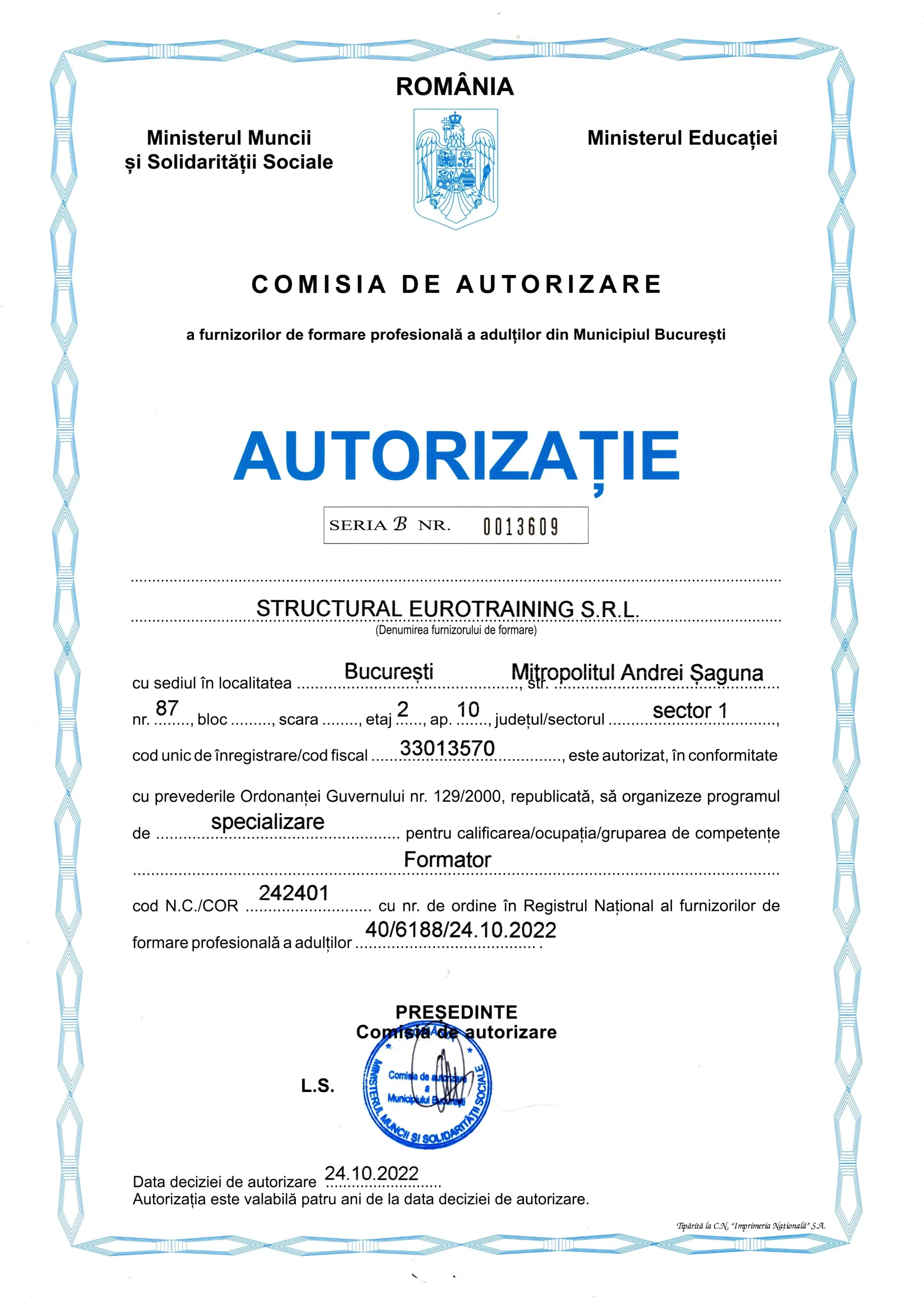 Autorizație CAFFPA — Curs Formator