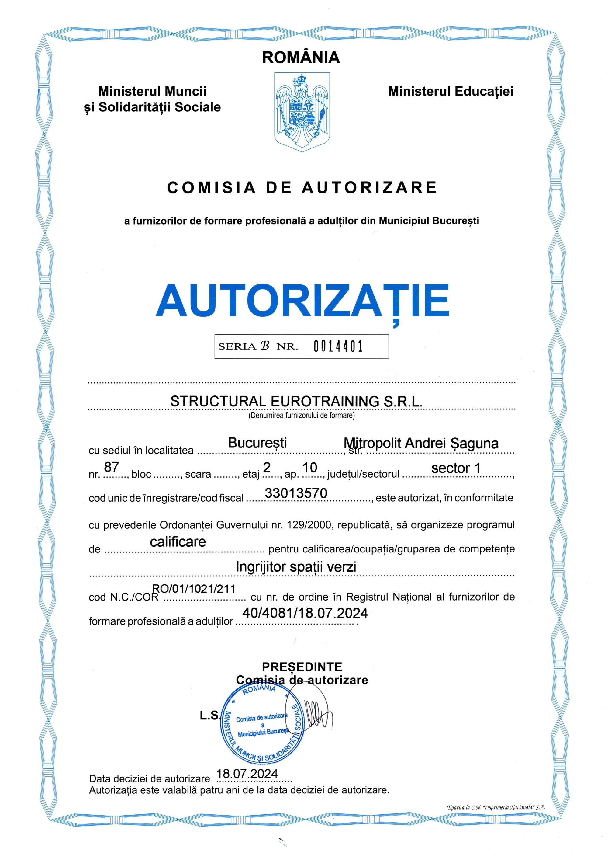 Autorizație CAFFPA — Curs Îngrijitor Spații Verzi