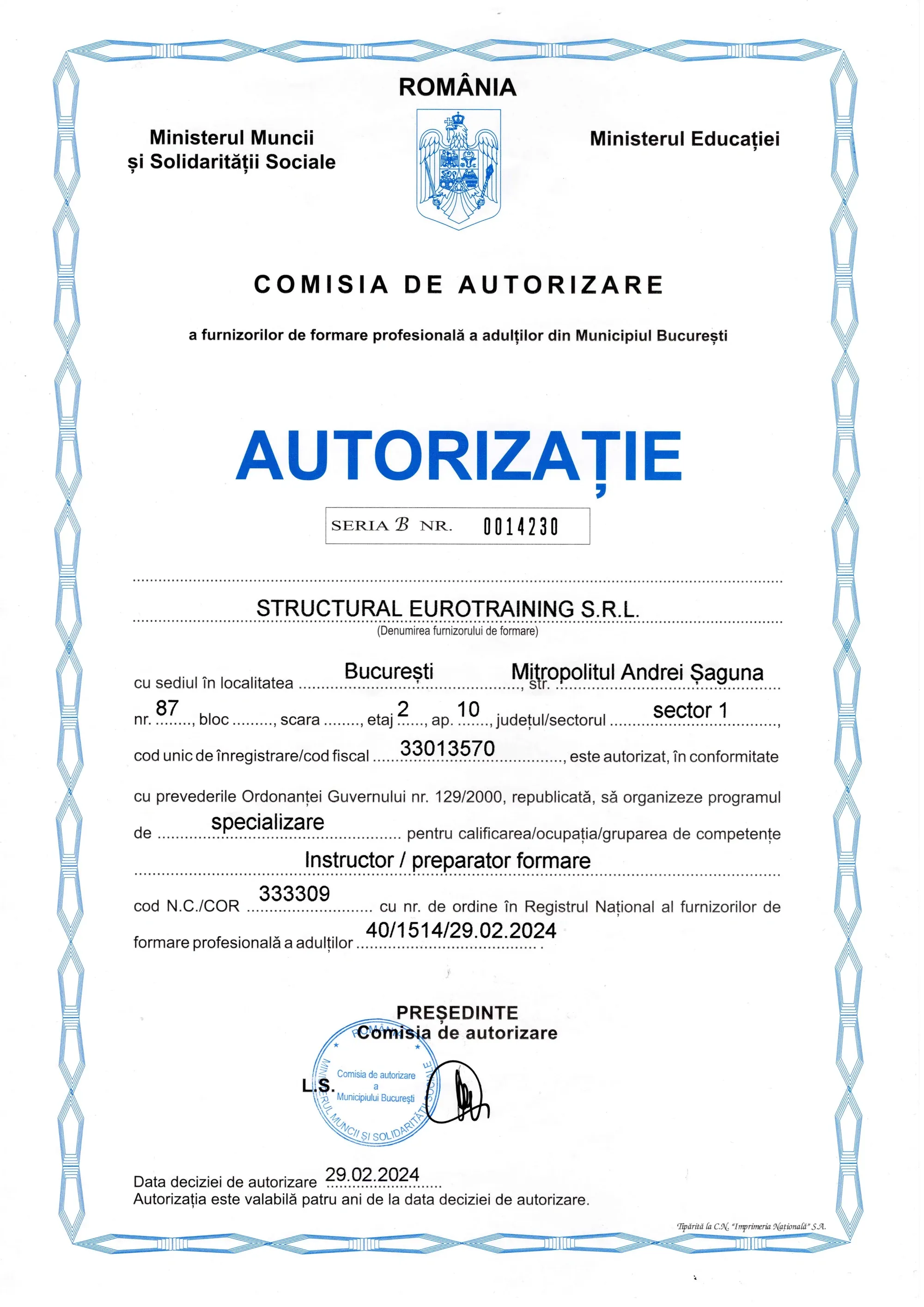 Autorizație CAFFPA — Curs Instructor / Preparator formare