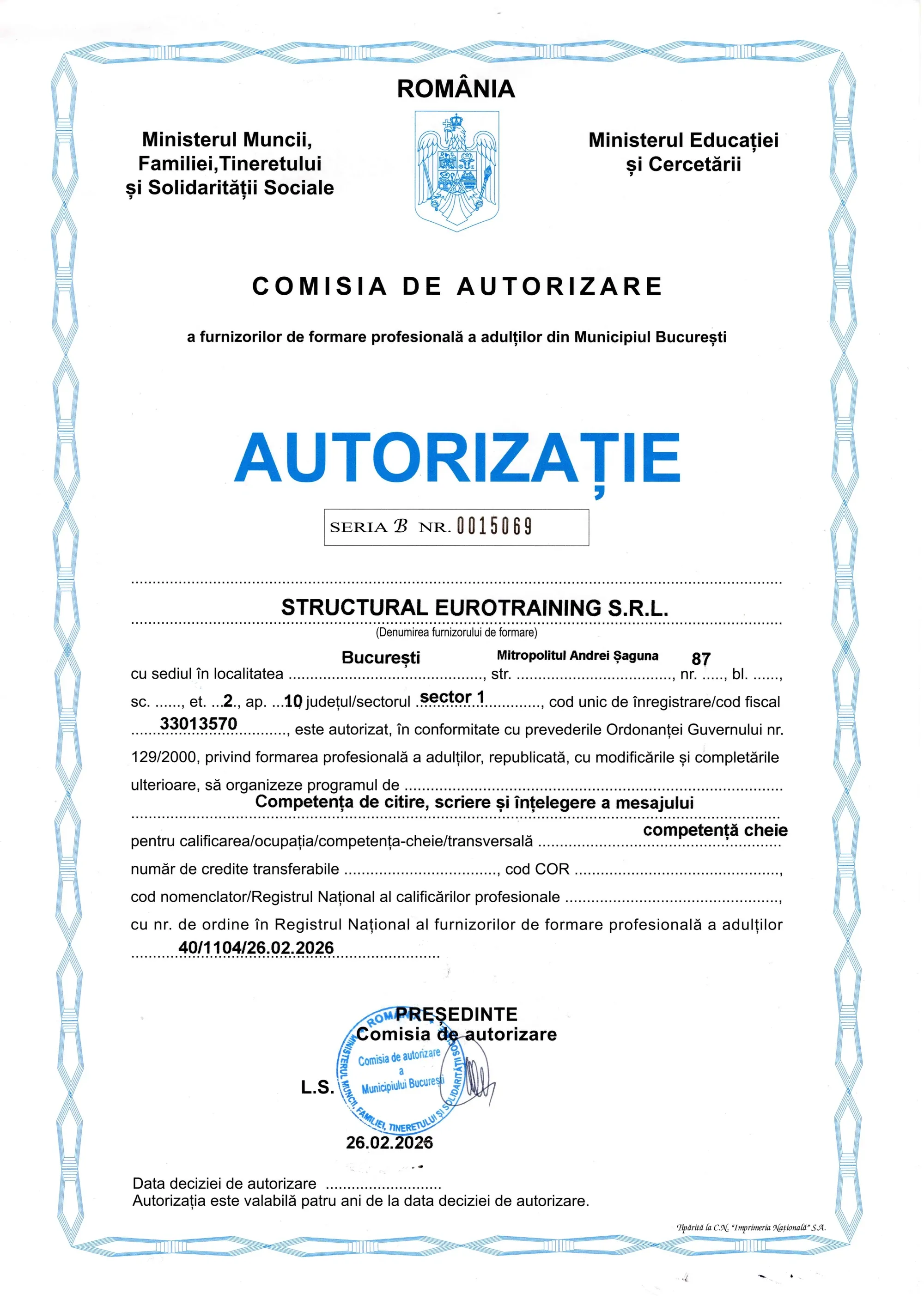 Autorizație CAFFPA — Competențe de citire, scriere și înțelegere a limbii române