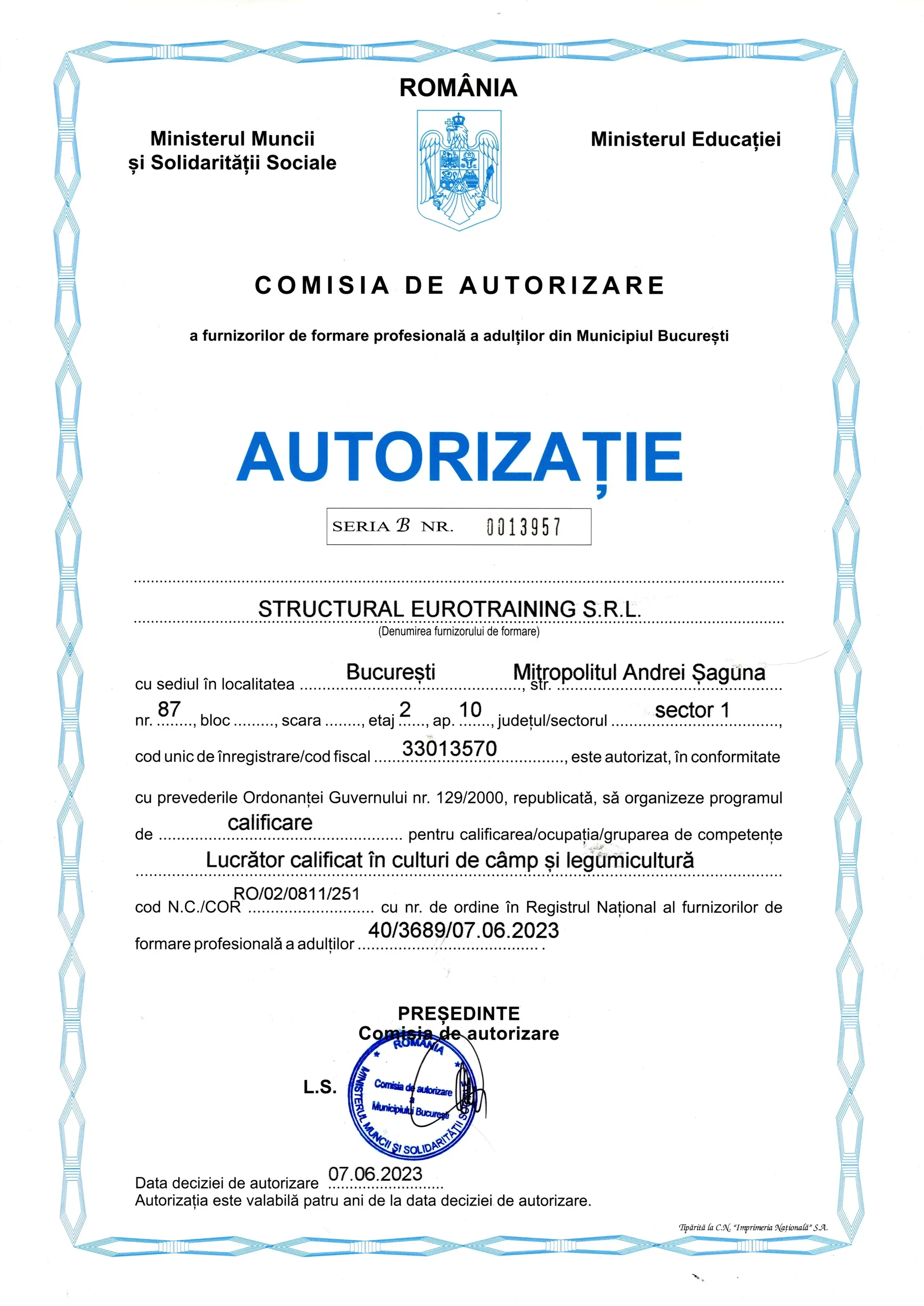 Autorizație CAFFPA — Curs Lucrător calificat în culturi de câmp și legumicultură