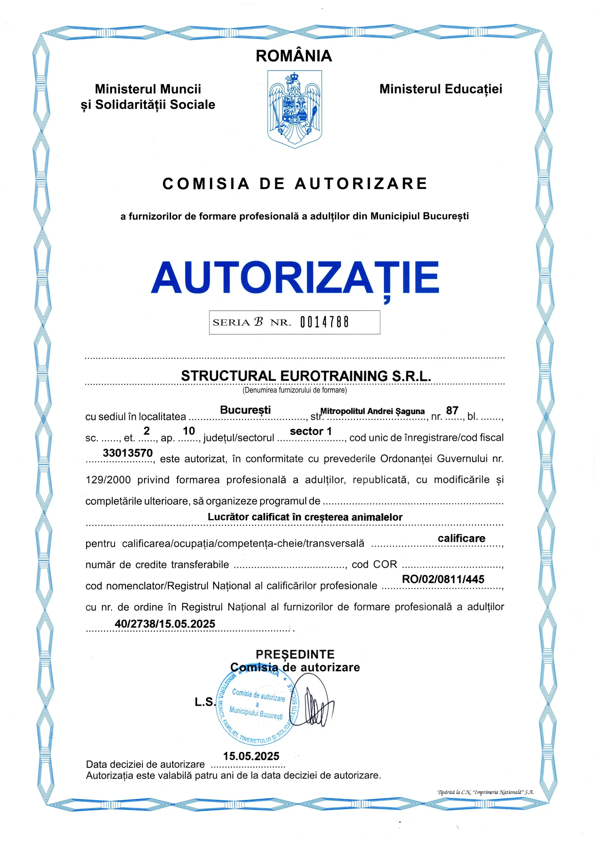Autorizație CAFFPA — Curs Lucrător în creșterea animalelor