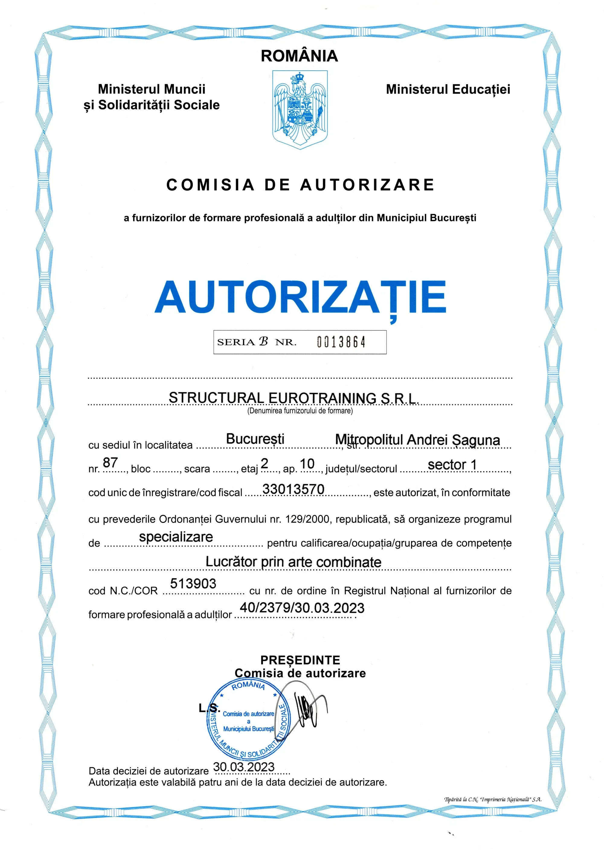 Autorizație CAFFPA — Curs Lucrător prin arte combinate