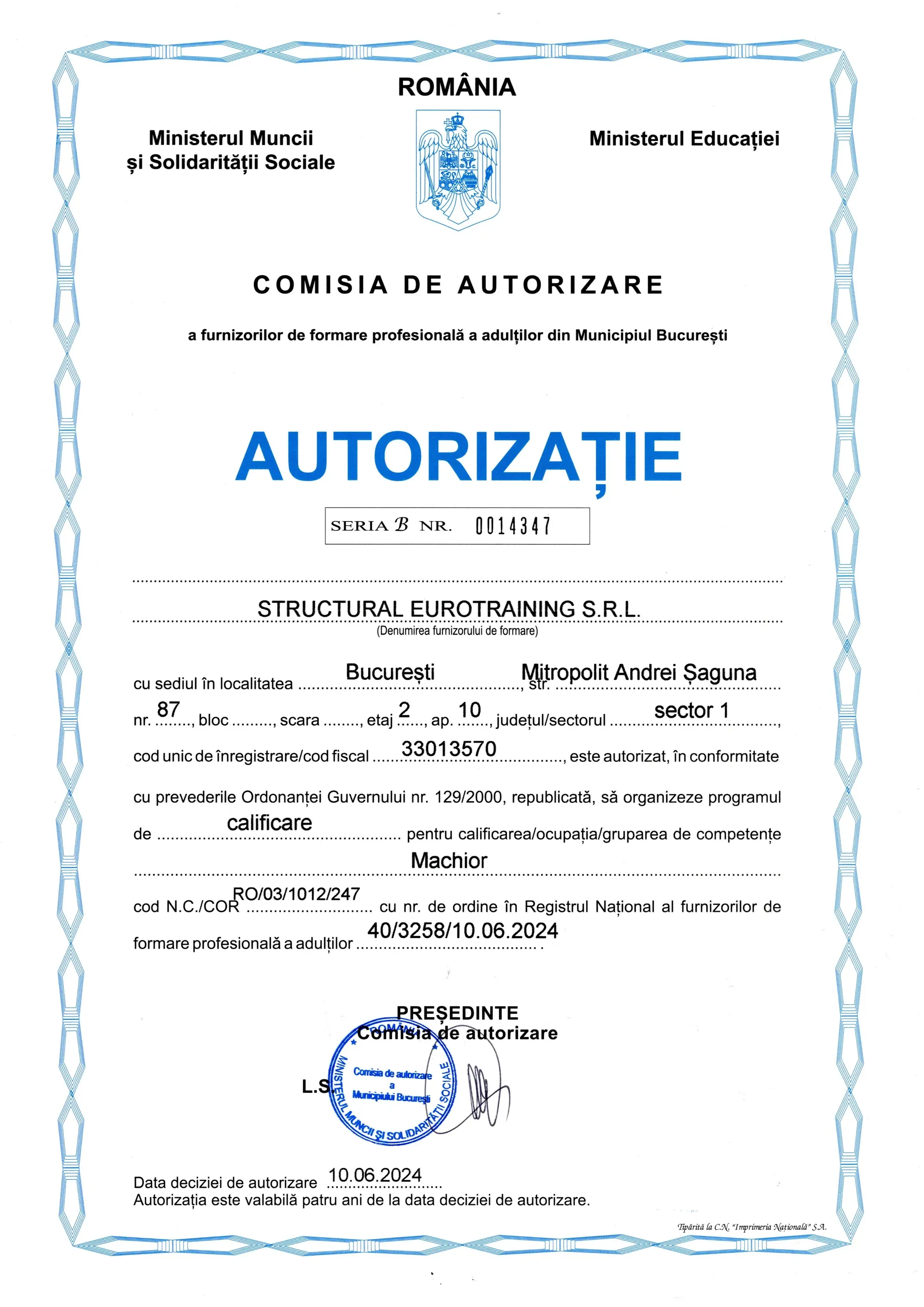 Autorizație CAFFPA — Curs Machior