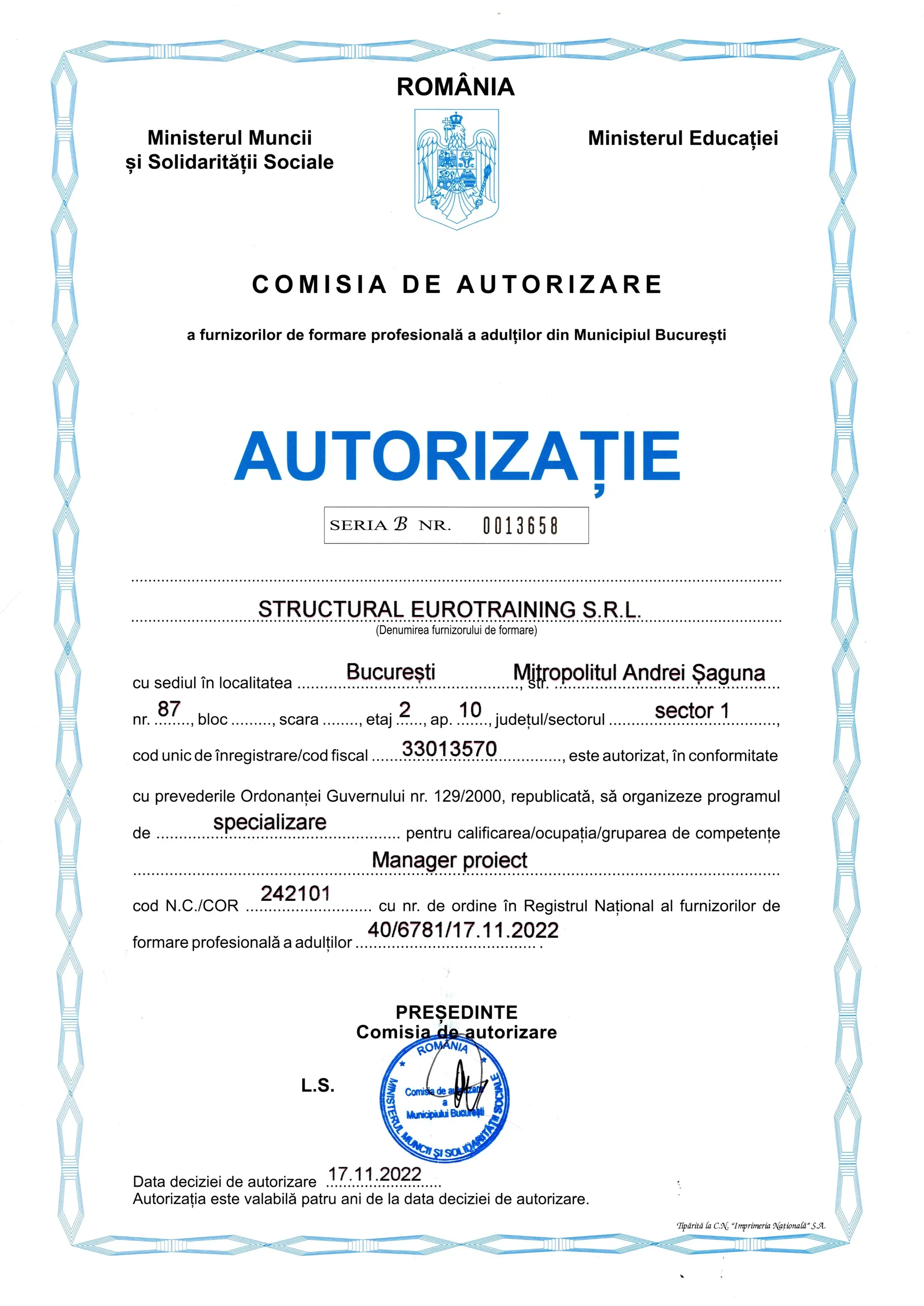 Autorizație CAFFPA — Curs Manager Proiect