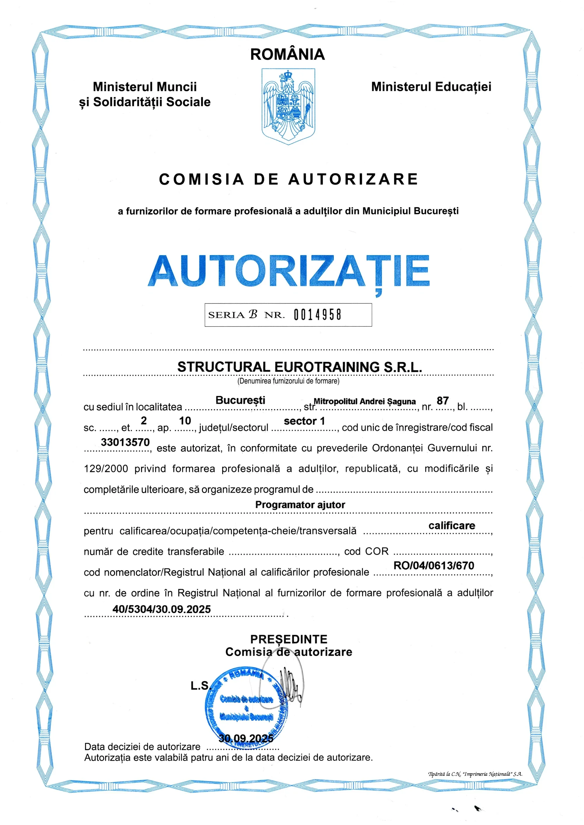 Autorizație CAFFPA — Curs Programator Ajutor
