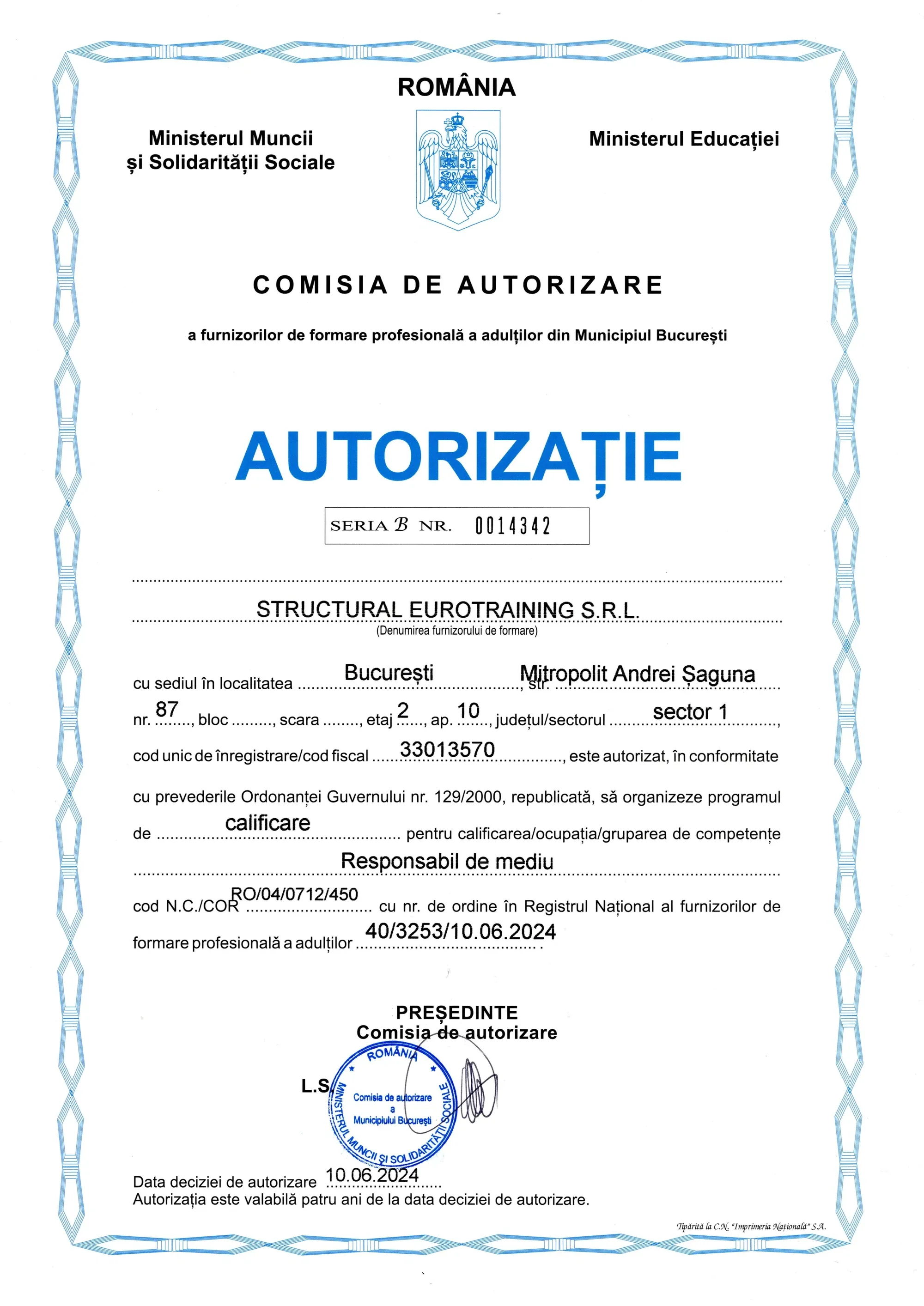 Autorizație CAFFPA — Responsabil de mediu